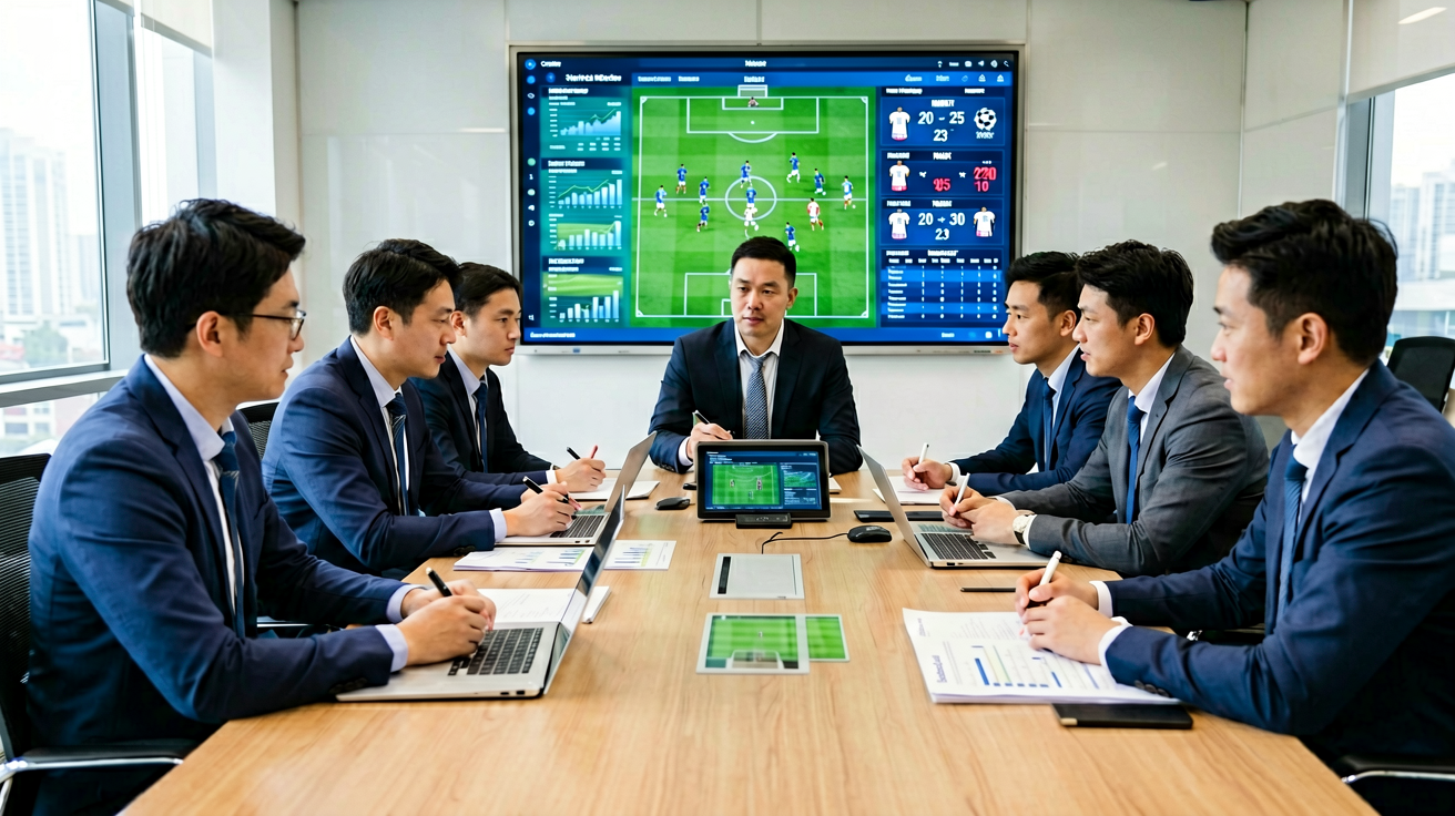 球队战术分析会议，教练团队研究比赛数据